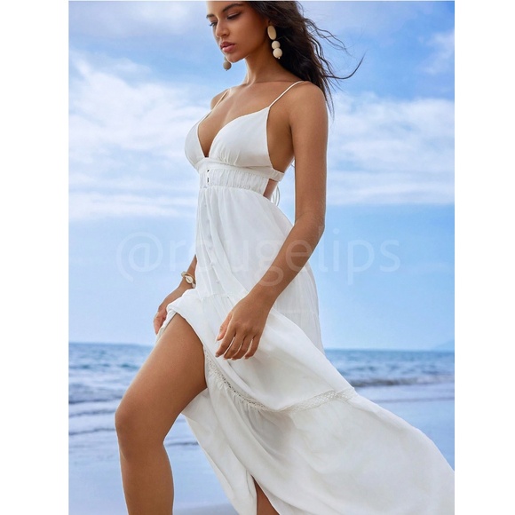 White Maxi Dress V-Neck Open Back Lined Tie Straps - Picture 2 of 9